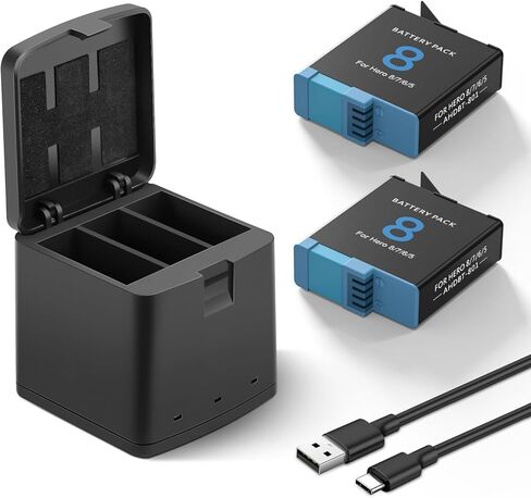 عبوتان من البطاريات بقوة 1500 مللي أمبير في الساعة لكاميرا GoPro Hero 8 مع علبة شحن بطارية ثلاثية القنوات متوافقة مع كاميرا GoPro Hero 8 و7 و6 و5 السوداء (gopro8) in Kuwait