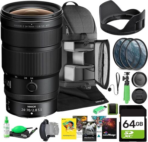 Nikon NIKKOR Z 24–70mm f/2.8 S II Lens Z Mount Constant Aperture Standard Zoom Fast Autofocus Bundle with Sling Backpack, Photo Software and More (11pc kit) in Kuwait