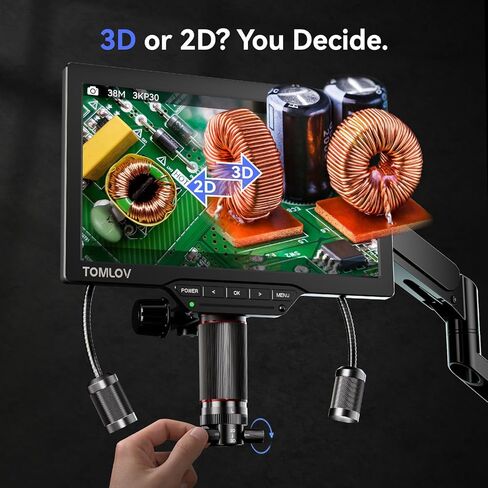 TOMLOV 3D Digital Soldering Microscope: Magnetic Dual Lens Micro Scope TM3K-3D Max For Adult, Coin Microscope with Flex Arm, 3K 10.1-Inch IPS Screen, HDMI/USB Output, Gooseneck Light, Repair Mat, 16GB in Kuwait