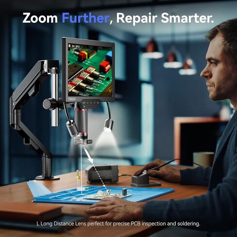TOMLOV 3D Digital Soldering Microscope: Magnetic Dual Lens Micro Scope TM3K-3D Max For Adult, Coin Microscope with Flex Arm, 3K 10.1-Inch IPS Screen, HDMI/USB Output, Gooseneck Light, Repair Mat, 16GB in Kuwait