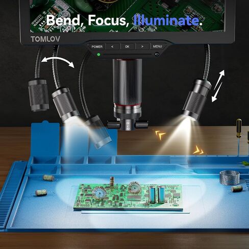 TOMLOV 3D Digital Soldering Microscope: Magnetic Dual Lens Micro Scope TM3K-3D Max For Adult, Coin Microscope with Flex Arm, 3K 10.1-Inch IPS Screen, HDMI/USB Output, Gooseneck Light, Repair Mat, 16GB in Kuwait