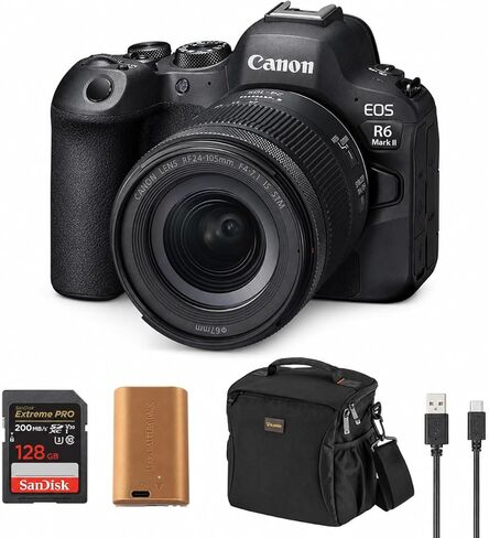 كاميرا Canon EOS R6 Mark II بدون مرآة (الجسم فقط)، مستشعر CMOS كامل الإطار 24.2 ميجابكسل، فيديو 4K، Dual Pixel AF II، IBIS، أسود، + بطاقة ذاكرة 128 جيجابايت، بطارية إضافية، حقيبة، ضمان Canon لمدة عام in Kuwait