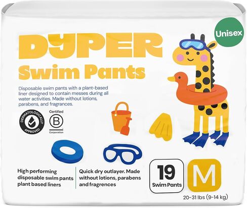 DYPER Baby Swim Diapers Size Medium (20-31 lbs), 19 Count | Disposable Swim Pants | Plant-Based, Hypoallergenic & Fragrance Free | Won't Swell in Water | for Pool, Beach, Swim Lessons & Water Play in Saudi Arabia