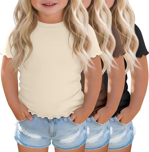 3 Pack Toddler Girl's Short Sleeve Shirts Lettuce Trim Crew Neck T-Shirts Summer Tee Cute Baby Girl Tops in Saudi Arabia