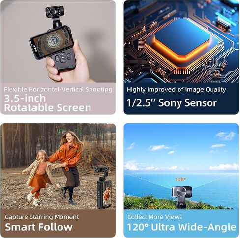 ORDRO Pocket Camera 4K 60FPS كاميرا فيديو كاميرا فيديو 3 محاور، تتبع الوجه، شاشة لمس 3.5 بوصة، كاميرا جسم الجيب بعدسة دوارة 180 درجة مع تسجيل الصوت والفيديو، دعم الميكروفون الخارجي in Kuwait