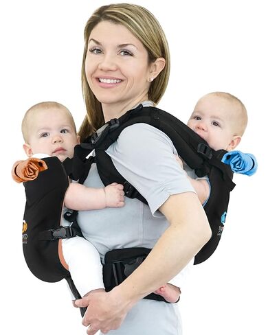 TwinGo Baby Carrier Lite Model - حاملات مزدوجة قابلة للتعديل لطفلين للحمل الأمامي والخلفي - حزام خصر من 26 إلى 55 بوصة، يدعم 9.9 إلى 45 رطل - يتضمن أغطية نوم وحزام مقعد - أسود كلاسيكي in Kuwait