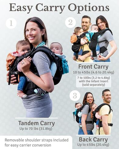 TwinGo Baby Carrier Lite Model - حاملات مزدوجة قابلة للتعديل لطفلين للحمل الأمامي والخلفي - حزام خصر من 26 إلى 55 بوصة، يدعم 9.9 إلى 45 رطل - يتضمن أغطية نوم وحزام مقعد - أسود كلاسيكي in Kuwait