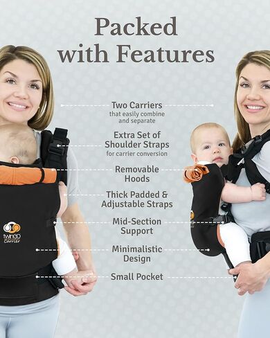 TwinGo Baby Carrier Lite Model - حاملات مزدوجة قابلة للتعديل لطفلين للحمل الأمامي والخلفي - حزام خصر من 26 إلى 55 بوصة، يدعم 9.9 إلى 45 رطل - يتضمن أغطية نوم وحزام مقعد - أسود كلاسيكي in Kuwait