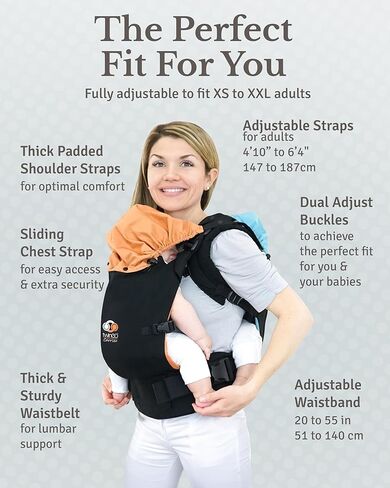 TwinGo Baby Carrier Lite Model - حاملات مزدوجة قابلة للتعديل لطفلين للحمل الأمامي والخلفي - حزام خصر من 26 إلى 55 بوصة، يدعم 9.9 إلى 45 رطل - يتضمن أغطية نوم وحزام مقعد - أسود كلاسيكي in Kuwait