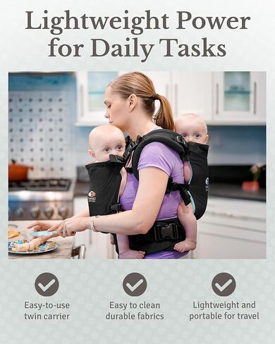 TwinGo Baby Carrier Lite Model - حاملات مزدوجة قابلة للتعديل لطفلين للحمل الأمامي والخلفي - حزام خصر من 26 إلى 55 بوصة، يدعم 9.9 إلى 45 رطل - يتضمن أغطية نوم وحزام مقعد - أسود كلاسيكي in Kuwait