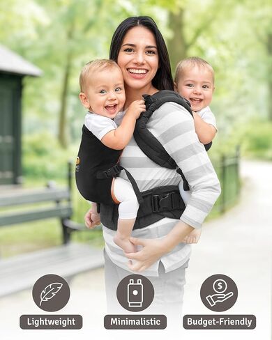 TwinGo Baby Carrier Lite Model - حاملات مزدوجة قابلة للتعديل لطفلين للحمل الأمامي والخلفي - حزام خصر من 26 إلى 55 بوصة، يدعم 9.9 إلى 45 رطل - يتضمن أغطية نوم وحزام مقعد - أسود كلاسيكي in Kuwait