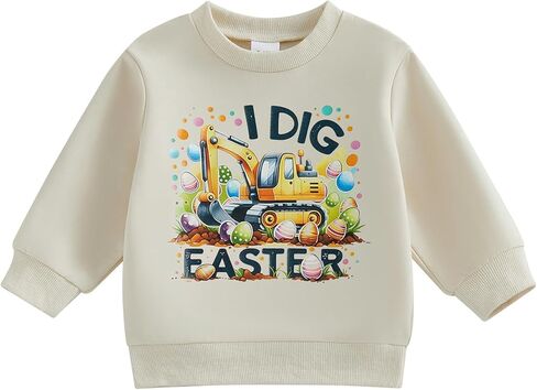 Toddler Baby Boy Easter Outfit Easter Egg Excavator Print Long Sleeve Little Boys Easter Sweat Shirt Tops in Kuwait