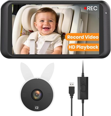 Babyvue Baby Car Camera HD 1080P with Video Recording & Playback, 4.5" Car Baby Monitor with Auto IR Night Vision, USB Plug & Play, Rear Facing Car Seat Camera for Kids/Infants,BV2MAX White in Kuwait