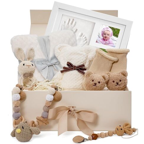 Best Baby Gift Set for Newborn Boys&Girls-Gender Neutral Baby Shower Gifts with Baby Pacifiers,Handprint&Footprint Keepsake Frame,Knitted Blanket,Rattle,Socks&Pacifier Clip–Deluxe Gift Box in Kuwait