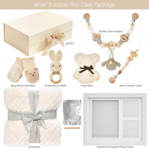 Best Baby Gift Set for Newborn Boys&Girls-Gender Neutral Baby Shower Gifts with Baby Pacifiers,Handprint&Footprint Keepsake Frame,Knitted Blanket,Rattle,Socks&Pacifier Clip–Deluxe Gift Box in Kuwait