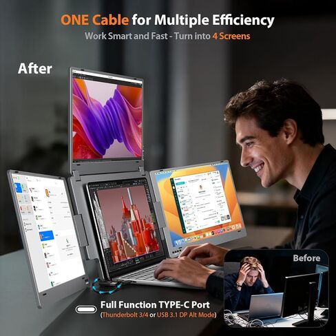 KYY Laptop Screen Extender for Laptop, 15.6" Quad Portable Monitor, 1080P Triple Screen Laptop Monitor Extender, One Cable Connection, Alloy Body, Auto Rotation, for 12–17.3" Laptops, X90G in Saudi Arabia