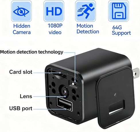 كاميرا تجسس باترسون المخفية 1080 بكسل - شاحن USB كاميرا أمان عالية الدقة بدون واي فاي مع طاقة إضافية وتخزين محلي، كشف الحركة والرؤية الليلية، مثالية لمراقبة أمان الحيوانات الأليفة والرضع والمنزل in Kuwait