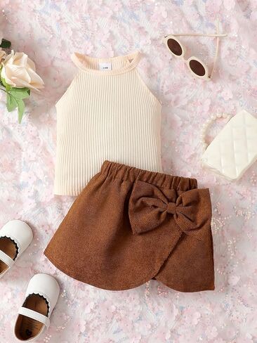 Baby Girl Ribbed Halter Top and Bow Skort Set Sleeveless Summer Outfit Infant Clothes 2PCS in Kuwait