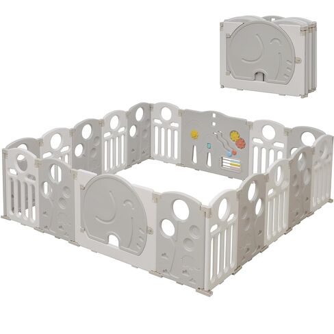 Baby Playpen, 18-Panel Foldable Play Pen for Babies and Toddlers, Indoor Outdoor Baby Fence with Sensory Play Panel, Adjustable Shape Activity Play Center, Portable & Easy Assemble in Kuwait