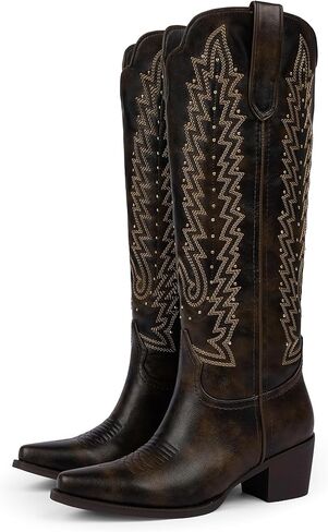 VIUGJNEX Women's Knee High Cowboy Boots - 2.2 Inch Chunky Heel Pointed Toe Cowgirl Boots, Studded Embroidered Pull-On Boot for Party & Concert in Kuwait