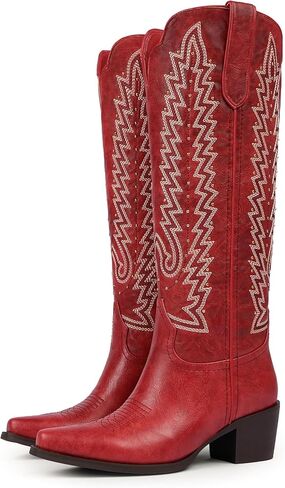 VIUGJNEX Women's Knee High Cowboy Boots - 2.2 Inch Chunky Heel Pointed Toe Cowgirl Boots, Studded Embroidered Pull-On Boot for Party & Concert in Saudi Arabia