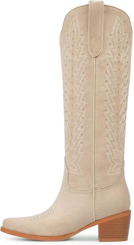 VIUGJNEX Women's Knee High Cowboy Boots - 2.2 Inch Chunky Heel Pointed Toe Cowgirl Boots, Studded Embroidered Pull-On Boot for Party & Concert in Saudi Arabia