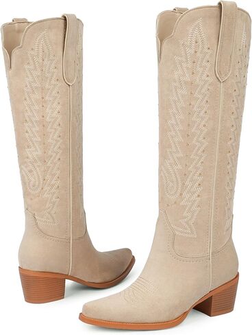 VIUGJNEX Women's Knee High Cowboy Boots - 2.2 Inch Chunky Heel Pointed Toe Cowgirl Boots, Studded Embroidered Pull-On Boot for Party & Concert in Saudi Arabia