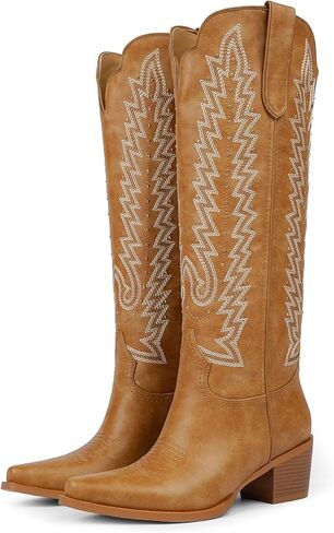 VIUGJNEX Women's Knee High Cowboy Boots - 2.2 Inch Chunky Heel Pointed Toe Cowgirl Boots, Studded Embroidered Pull-On Boot for Party & Concert in Saudi Arabia