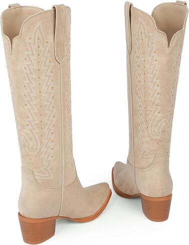 VIUGJNEX Women's Knee High Cowboy Boots - 2.2 Inch Chunky Heel Pointed Toe Cowgirl Boots, Studded Embroidered Pull-On Boot for Party & Concert in Saudi Arabia