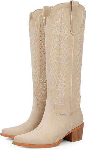 VIUGJNEX Women's Knee High Cowboy Boots - 2.2 Inch Chunky Heel Pointed Toe Cowgirl Boots, Studded Embroidered Pull-On Boot for Party & Concert in Saudi Arabia