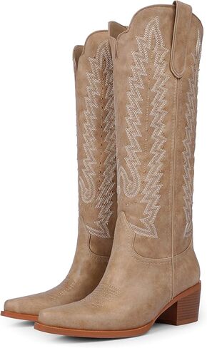 VIUGJNEX Women's Knee High Cowboy Boots - 2.2 Inch Chunky Heel Pointed Toe Cowgirl Boots, Studded Embroidered Pull-On Boot for Party & Concert in Saudi Arabia