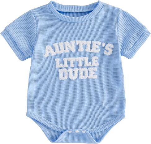 Aunties Little Dude Baby Clothes Newborn Boy Summer Outfit Embroidery Letter Bodysuit Short Sleeve Waffle Romper in Kuwait