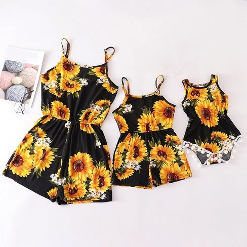 Mommy and Me Matching Jumpsuits Mom and Daughter Baby Strap Romper Casual Floral Matching Outfits Summer Clothes (Black #3, M) in Saudi Arabia