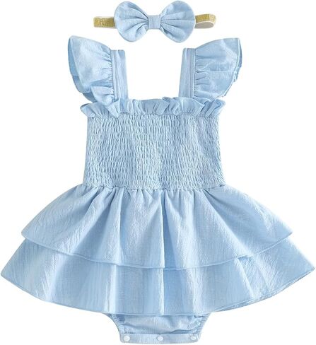 Newborn Baby Girls Summer Clothes Ruffle Sleeveless Pleated Smocked Bubble Romper Dresses Infant Bodysuit Jumpsuit in Kuwait