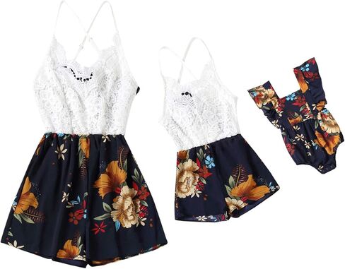 Mommy and Me Matching Jumpsuits Mom and Daughter Baby Strap Romper Casual Floral Matching Outfits Summer Clothes (Black #3, M) in Saudi Arabia
