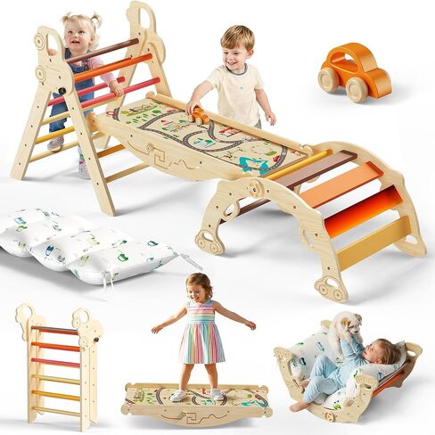Pikler Triangle Climbing Set with Cushion, Foldable Climbing Toys Indoor, Montessori Toddler Gym, 10-in-1 Climber & Playground, Gift for Christmas, Birthday, New Year (Rainbow Valley) in Kuwait