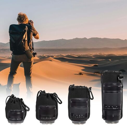 4pcs Camera Lens Bag, 4 Sizes Drawstring Lens Pouch with Thick Protective Neoprene Black Camera Lens Case Bag for Canon, Nikon, Sony, Pentax (Small, Medium, Large, X Large) in Kuwait