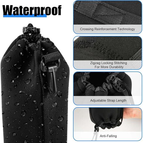 4pcs Camera Lens Bag, 4 Sizes Drawstring Lens Pouch with Thick Protective Neoprene Black Camera Lens Case Bag for Canon, Nikon, Sony, Pentax (Small, Medium, Large, X Large) in Kuwait