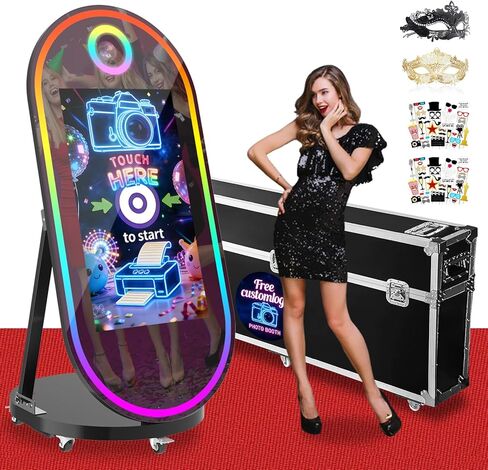 Magic Mirror Photo Booth, 60'' Oval Mirror Photo Booth with 32'' Interactive Touch Screen, Instant Print, Suitable for All Types of Photography Needs(Black) in Saudi Arabia