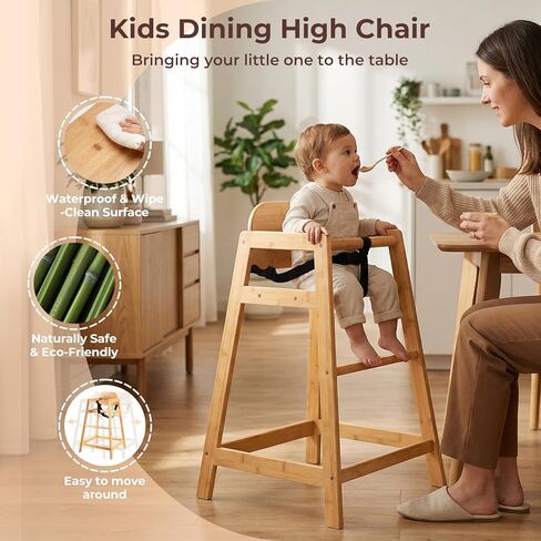 2026 New Bamboo High Chair for Baby and Toddler, ASTM F404 Certified, Ergonomic Back Support, Wooden Baby High Chair for Home & Restaurant Use, Compact, Stable & Eco-Friendly Toddler Feeding Chair in Kuwait