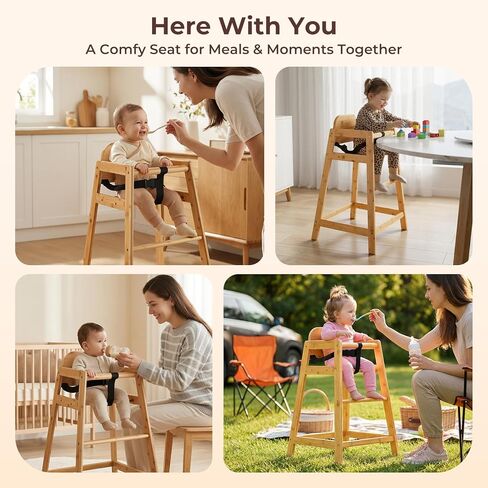 2026 New Bamboo High Chair for Baby and Toddler, ASTM F404 Certified, Ergonomic Back Support, Wooden Baby High Chair for Home & Restaurant Use, Compact, Stable & Eco-Friendly Toddler Feeding Chair in Kuwait