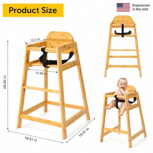 2026 New Bamboo High Chair for Baby and Toddler, ASTM F404 Certified, Ergonomic Back Support, Wooden Baby High Chair for Home & Restaurant Use, Compact, Stable & Eco-Friendly Toddler Feeding Chair in Kuwait