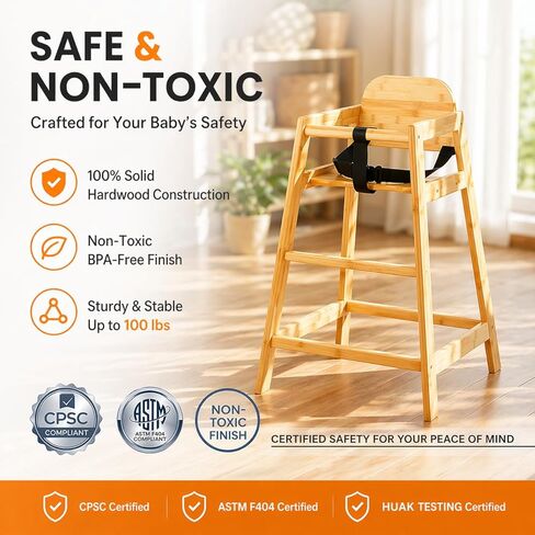 2026 New Bamboo High Chair for Baby and Toddler, ASTM F404 Certified, Ergonomic Back Support, Wooden Baby High Chair for Home & Restaurant Use, Compact, Stable & Eco-Friendly Toddler Feeding Chair in Kuwait