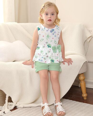 YALLET Toddler Girl Clothes, 2Pcs Baby Girl Summer Outfit Sleeveless Bow Knot Tank Shirts Tops + Shorts Clothing 1-5T in Saudi Arabia