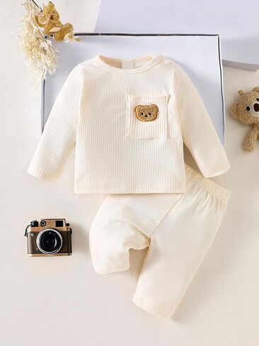 Baby Boy Girl Apricot Ribbed Clothes Set 2Pcs Infant Long Sleeve Top and Pants Newborn Bear Patch Clothing Outfits in Saudi Arabia