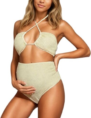 Maternity Swimsuit Two Piece High Waisted Crisscross Bikini Set Halter Pool Beach Summer Pregnancy Bathing Suits in Kuwait