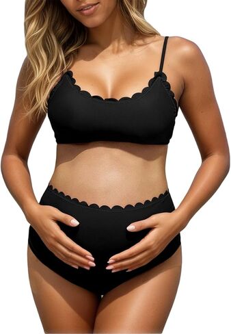 Maternity Swimsuit Two Piece High Waisted Scalloped Bikini Set Pool Beach Adjustable Straps Pregnancy Bathing Suit in Kuwait