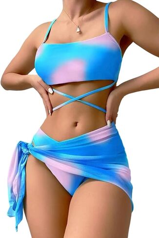 BOFETA Women Spaghetti Strap Tie Dye Sexy Bikini Set Quick Dry Casual 3 Piece Set Holiday Party Swimsuits in Saudi Arabia