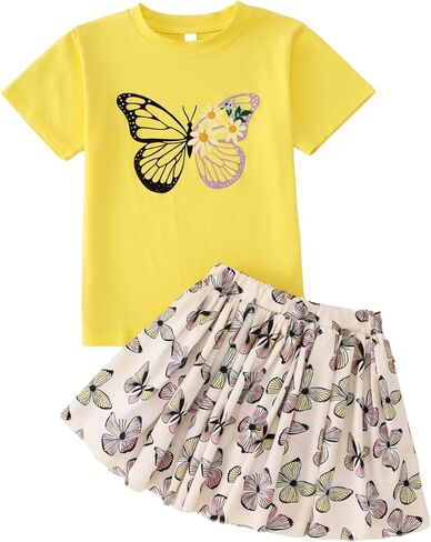 GLIGLITTR Girls Skirt Set Toddler Girl Cute Short Sleeve Butterfly T-Shirt Tops and Skirt 2 Piece Summer Outfit Clothes 1-8Y in Kuwait