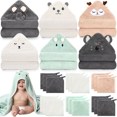 Tegeme 24 Pcs Baby Bath Towel Set, 6 Oversized Hooded Towels (31x31") & 18 Washcloths(10"), Ultra Absorbent Soft Coral Fleece Assorted Animals for Newborn Infant Toddlers Baby Shower Gifts, Neutral in Kuwait